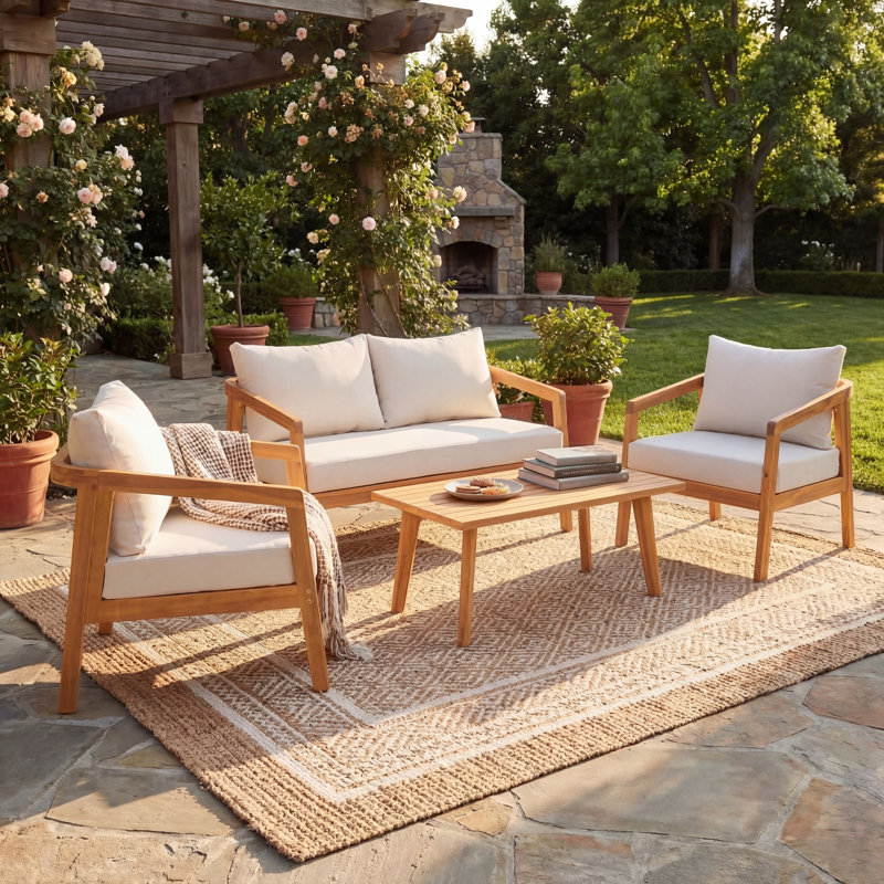 Ensemble de conversation en bois d'acacia pour 4 personnes avec coussins hydrofuges Airwyn, 4 Pcs: Table, 2 Chairs,Loveseat