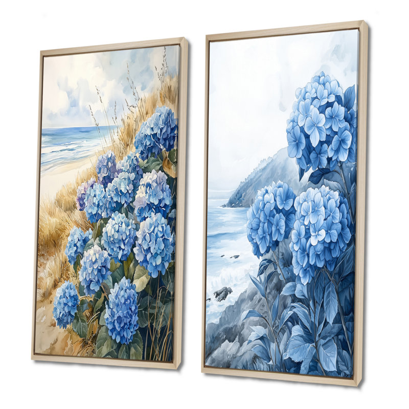 Hydrangeas By The Seaside I - Collection de 2 panneaux de toiles florales, H 32 po x l 33 po, Cadre crème crème