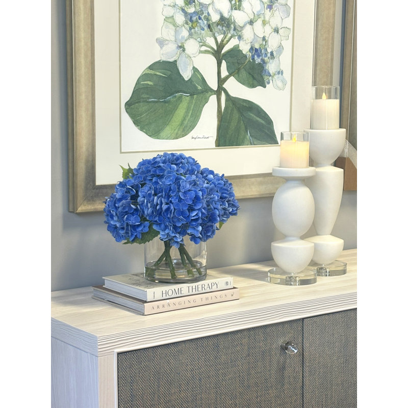 Real Touch Hydrangea Floral Arrangement in a Glass Vase, Blue