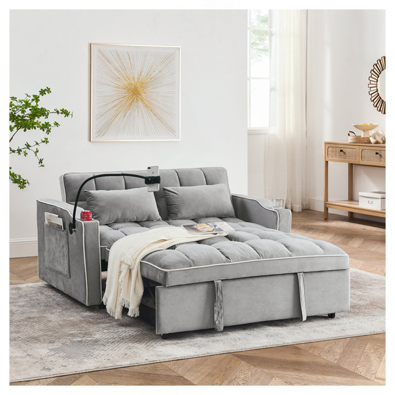 Velvet Pull-out Sleeper Sofa Bed, Adjustable Back and with USB Pport, swivel phone stand, Gray, 31.15" H x 55.55" W x 37.05"