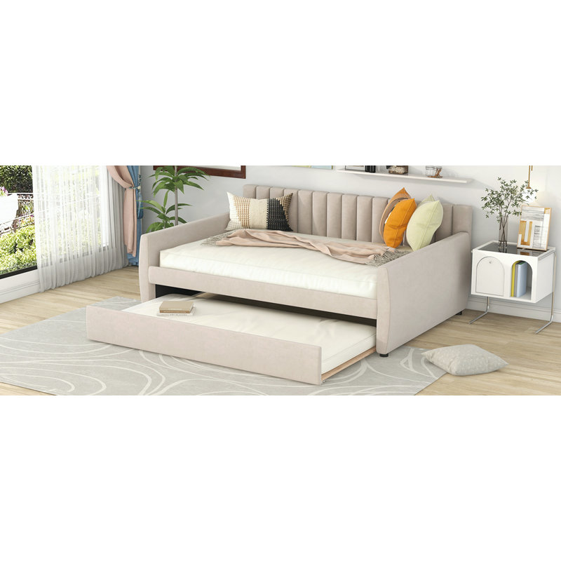 Versatile Upholstered Daybed with Pull-Out Trundle for Extra Sleeping Space, Beige