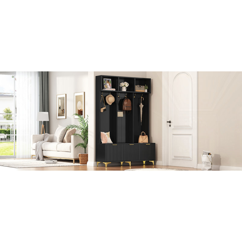 Modern Storage Hall Tree With Bench, Black/Gold