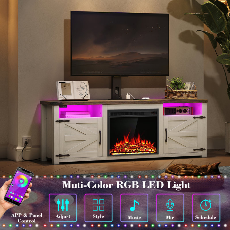 Fireplace TV Stand with Mount and Charging Station LED Lights, Entertainment Center with Height Adjustable Swivel Mount and Barn Doors Storage Cabinets for TVs Up to 70 inch
