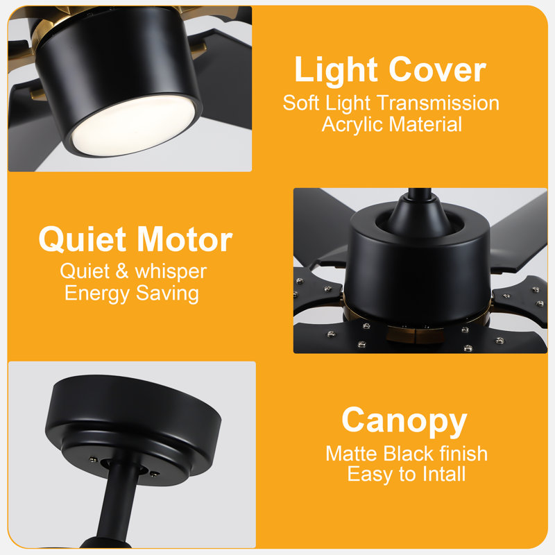 Modern 60'' Black and Gold Ceiling Fan with LED Light and Remote