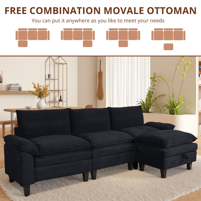 Modular Sectional Sofa, Corduroy U-Shape Sectional Couch With 2 Movable Ottoman For Living Room, Black Corduroy
