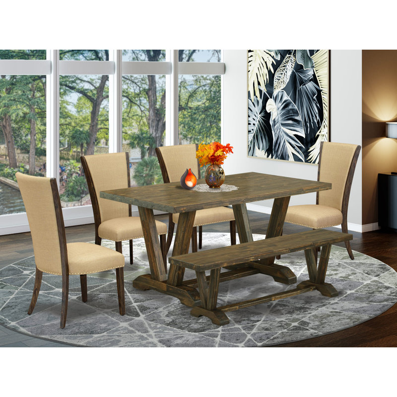 Ensemble de 6 tables de salle à manger modernes - 4 chaises de cuisine en tissu de lin bleu avec têtes de clous et table de salle à manger jacobine patinée - 1 banc en bois - finition jacobine patinée