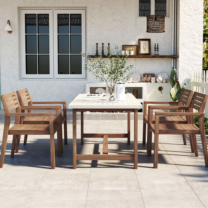 U_STYLE 5-Piece Outdoor Acacia Wood Outdoor Dining Set of 4,59.06-Inch Rectangular Table with Umbrella Hole,Suitable for Patio, Lawn, Garden, Poolside, & Indoor Use