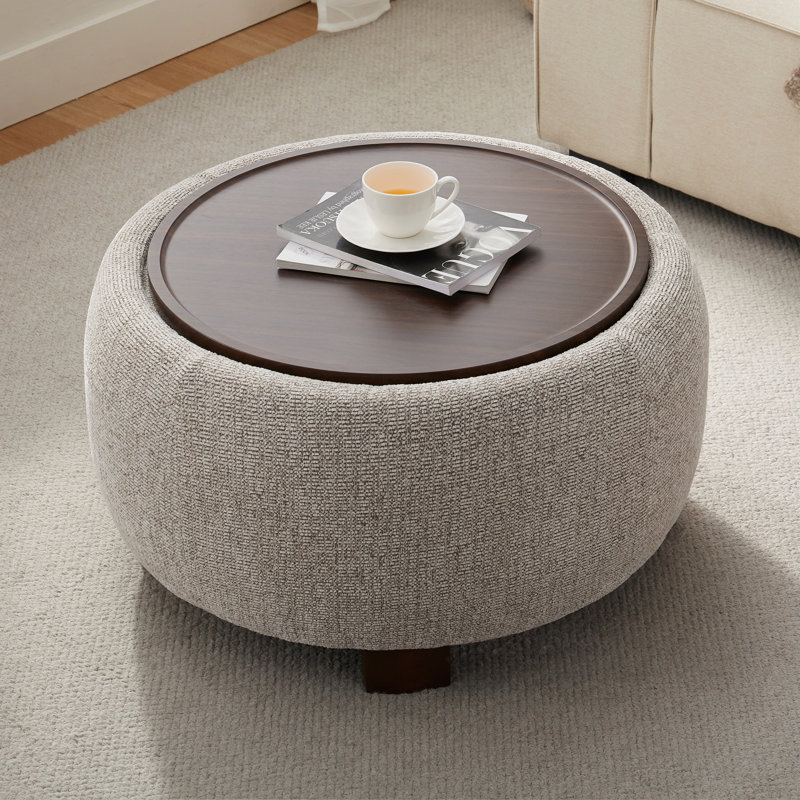Repose-pieds rembourré avec rangement et plateau en bois, Textured Brown Blend Chenille