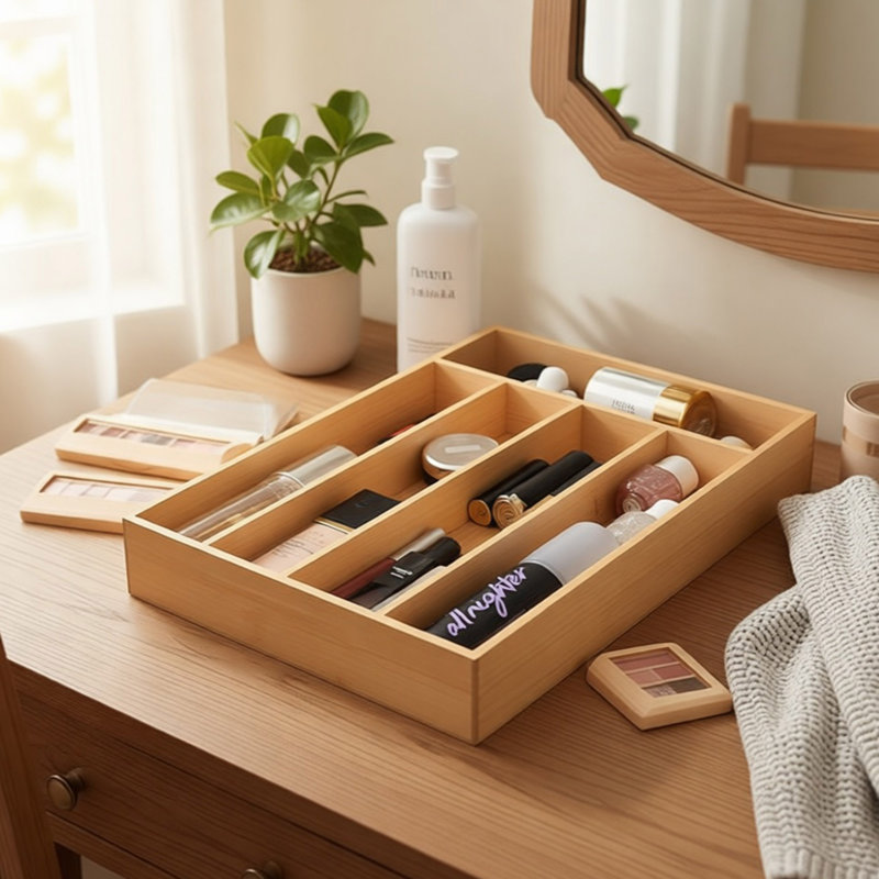Plateau à ustensiles en bambou, porte-ustensiles pour tiroir de cuisine à 5 compartiments, rangement pour couverts naturels