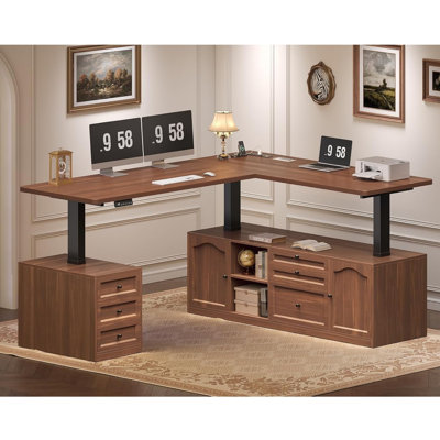 69" Electric Standing Desk with Drawers, Farmhouse L Shaped Desk with Storage and Power Outlets, Brown