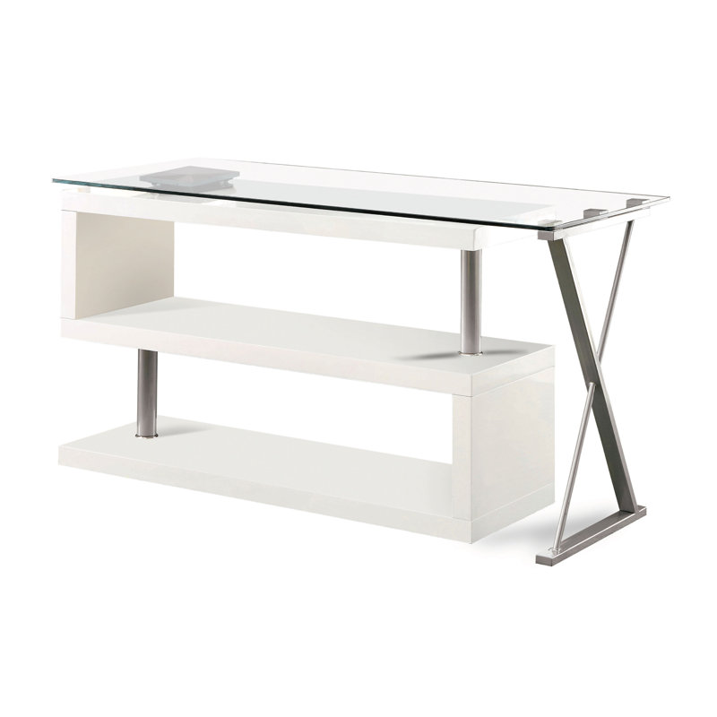 Kelford 59.3"L X 23.6"W Glass Top L-Shaped Writing Desk, White