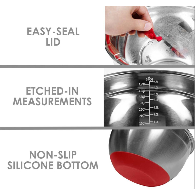 10-Piece Stainless Steel Mixing Bowl Set with Red Lids