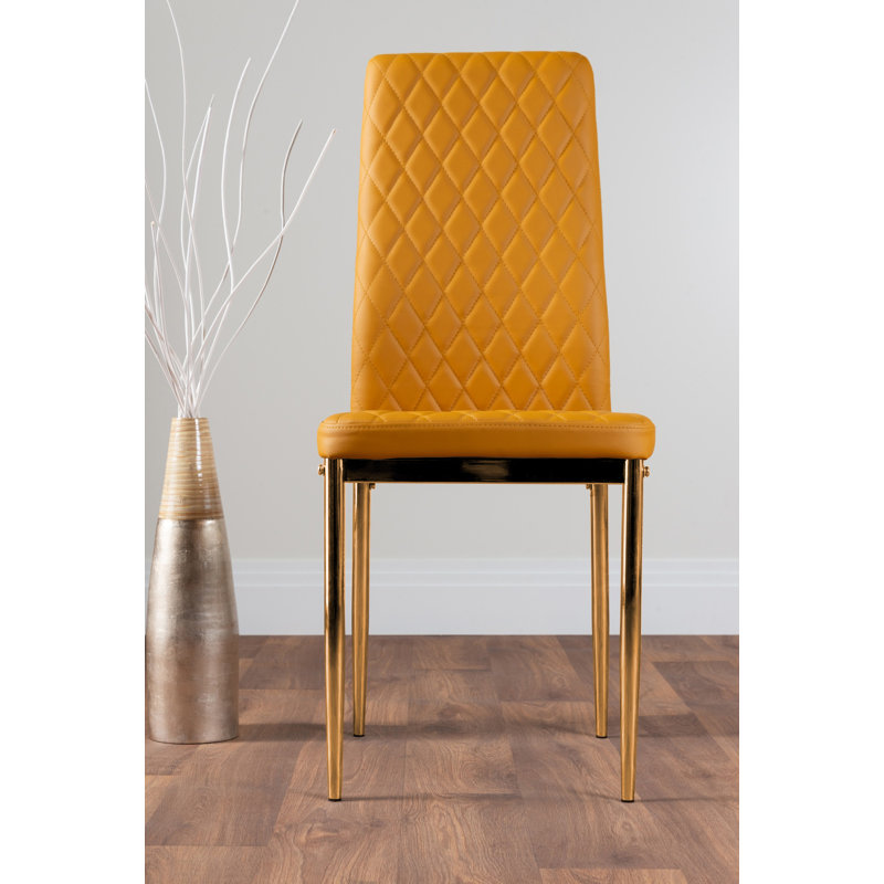 Lenworth Modern Black Metal and Glass Dining Table Set - x4 Luxury Faux Leather Dining Chairs, Mustard/Gold