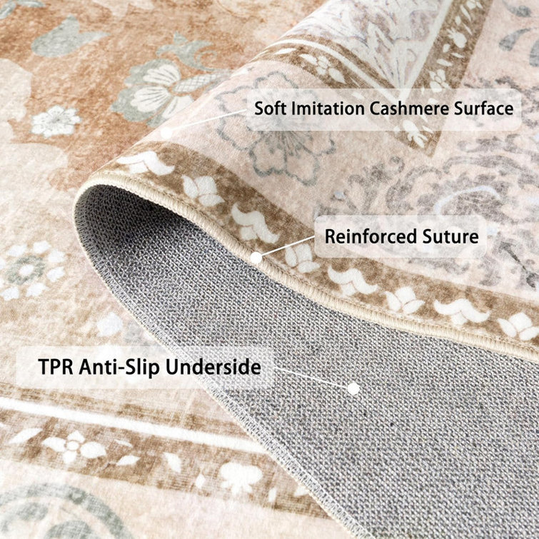Machine Washable Indoor&Outdoor Area Rug Non-Slip Backing Light Brown Vintage Low Pile Rug for Living Room Bedroom Dorm Hotel