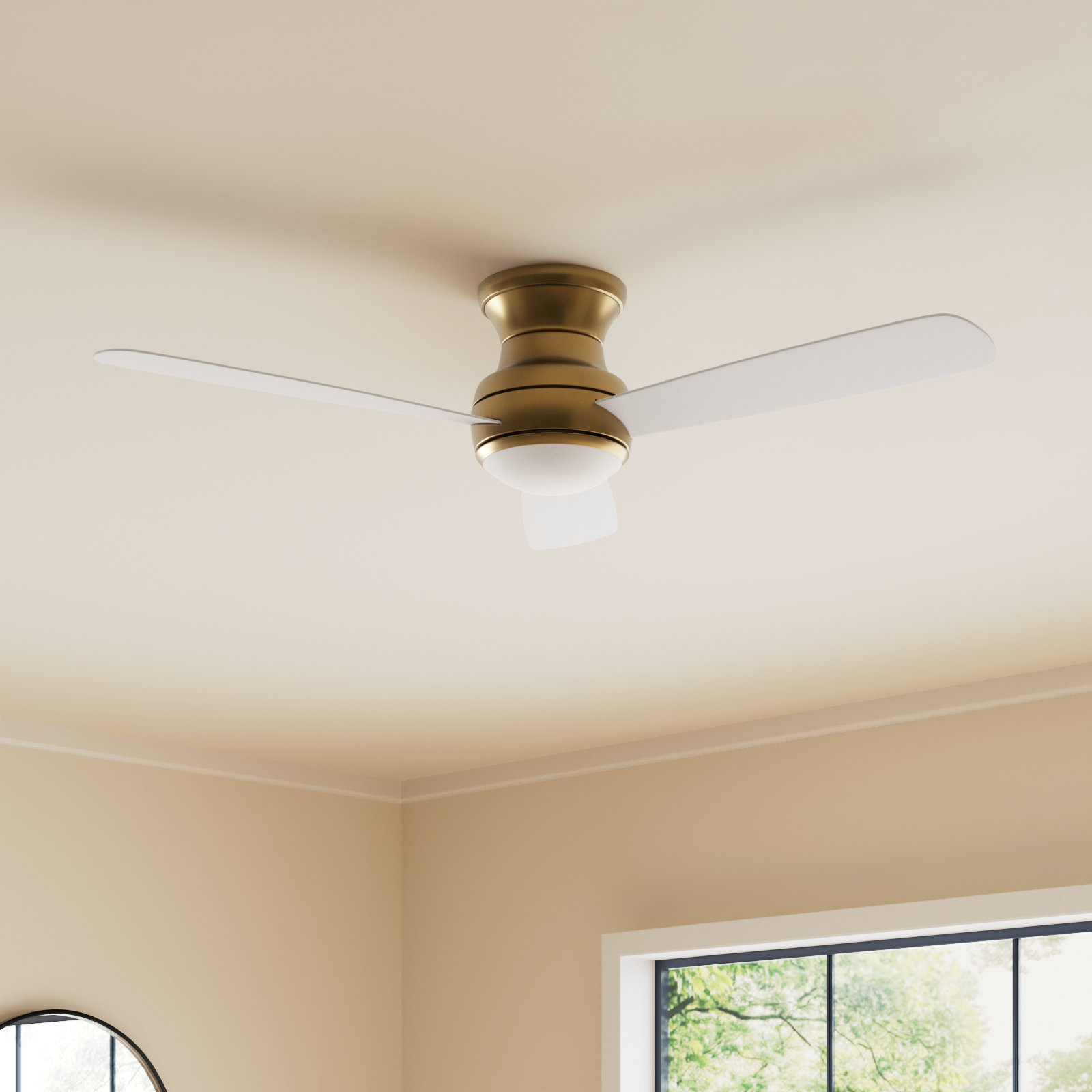 52" Keed Ceiling Fan with LED Lights, Matte White, Satin Brass