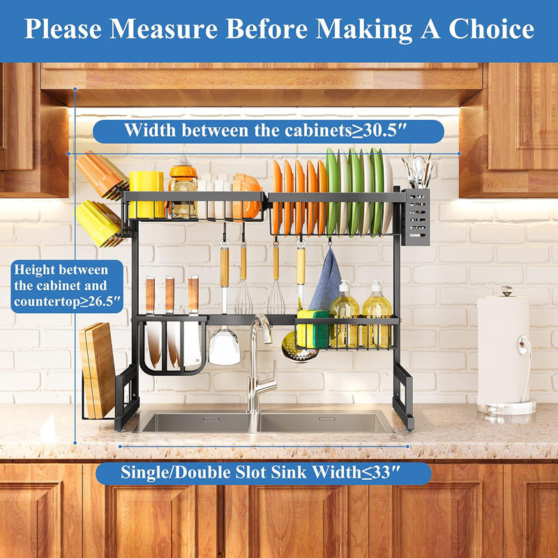 Adjustable Black Metal Over-the-Sink Dish Drying Rack with Multiple Baskets