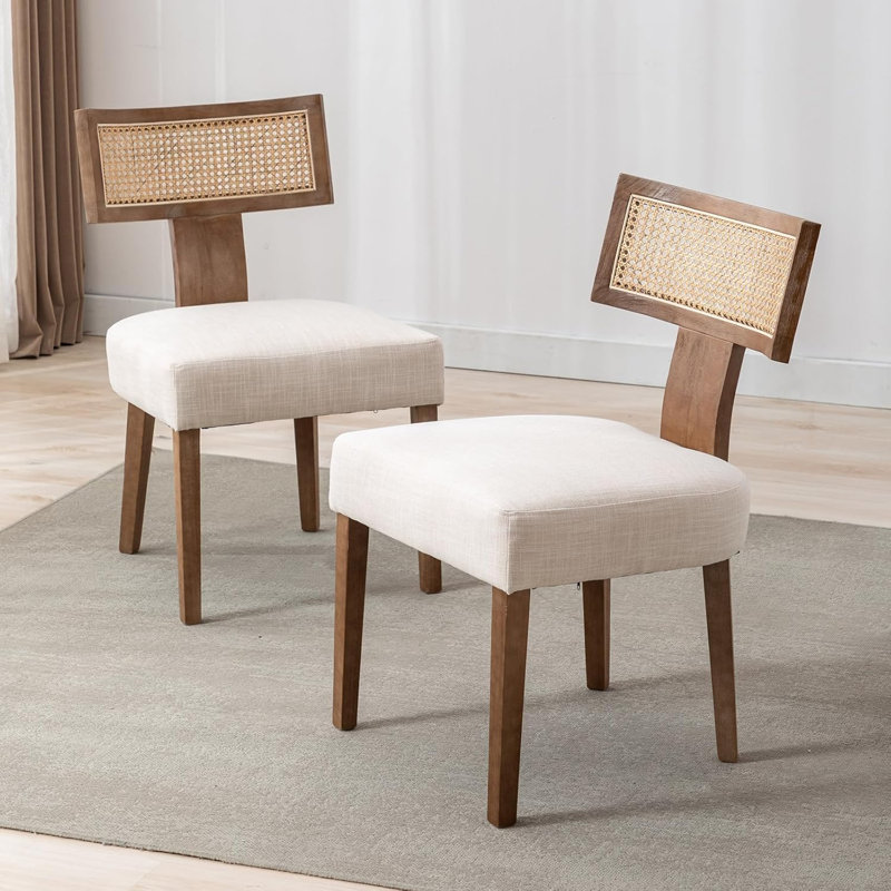 Amealia Upholstered Dining Chairs Solid Wood Frame With Rattan Backest Side Chair, Natural wood