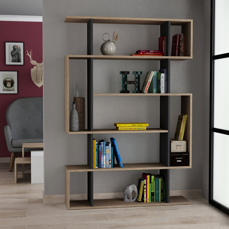 Bibliothèque moderne en chêne de Sonoma et anthracite, 43,3 x 63,4 x 10,0 pouces | 100% panneau de particules enduit de mélamine, épaisseur: 0,7 pouce | Nombreuses tablettes, fixation murale, capacité de 55 lb par tablette | Design élégant pour la maison ou le bureau