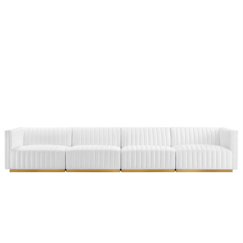 Conjure Channel Tufted Sofa by Modway, Gold, White Velvet, 28" H x 155" W x 36.5" D