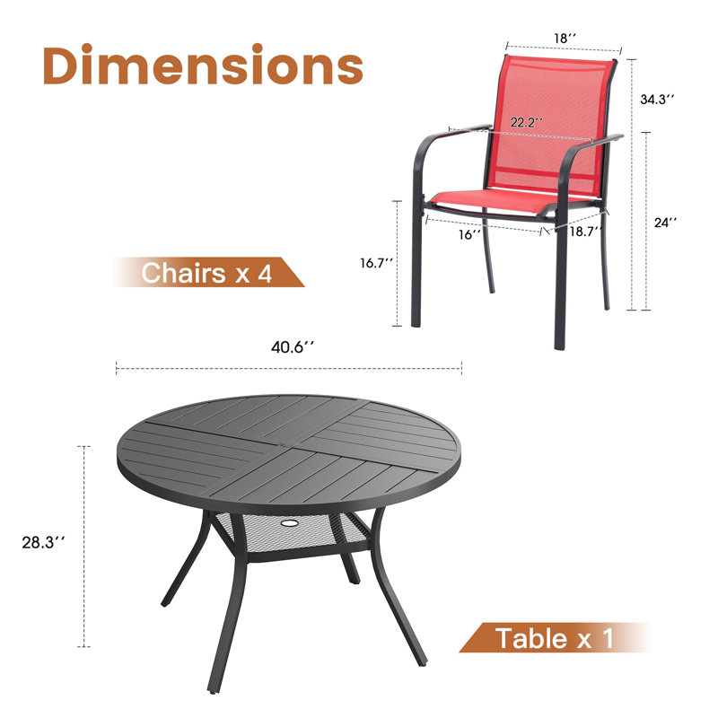 4-Person Patio Dining Set with Round Dining Table and 4 Stackable PVC-coated polyester Armrest Chairs, Black/Red