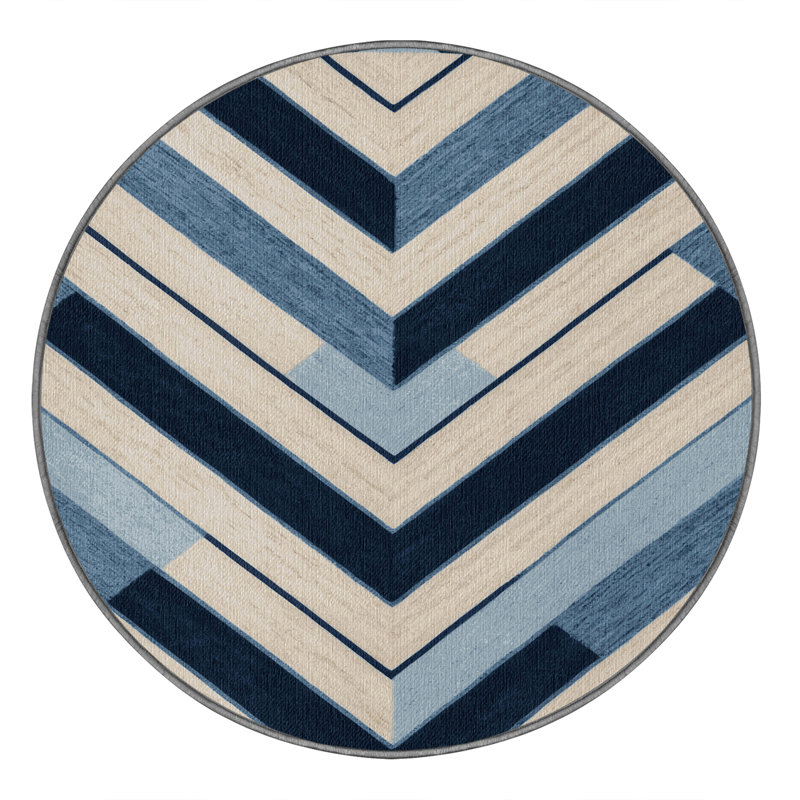 Washable Maritime Blue Ivory Striped Area Rug, Round 7'