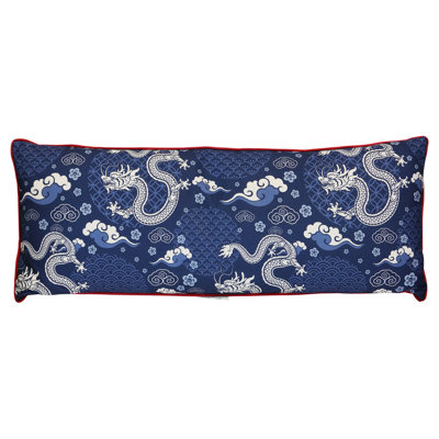 The Midnight Dynasty Dragon Chinoiserie Lumbar Pillow - Deep Navy - 36" x 14"