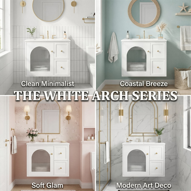 24" Modern Floating Bathroom Vanity With Arched Glass Door, Wall-Mounted Cabinet With Ceramic Sink & 2 Drawers (White), White