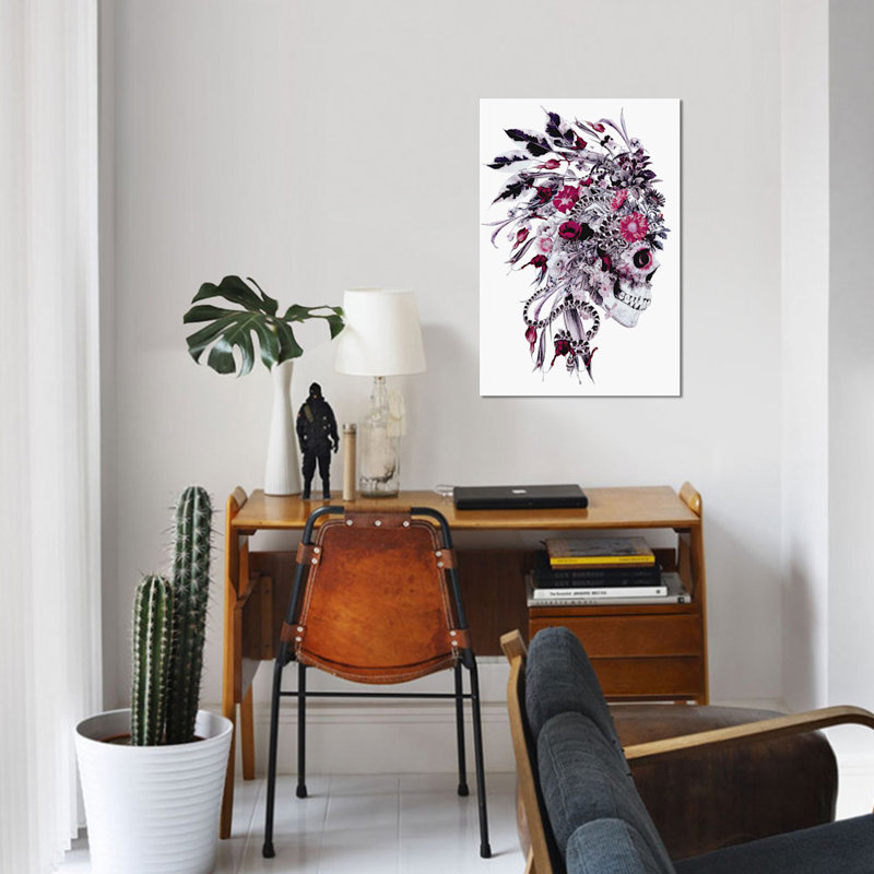 «Momento Mori Chief», impression sur toile Floral Skull Series, H 26 po x l 18 po x P 1,5 po, Toile tendue, Pas de tapis
