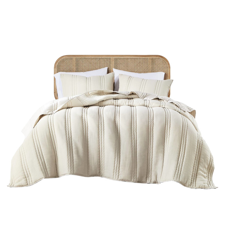 Courtepointe très grande / très grande gaze naturelle - 3 pièces avec rembourrage doux et taies décoratives, matelassage en forme de canal, style froissé, étiquette de peau avec motif, facile à nettoyer