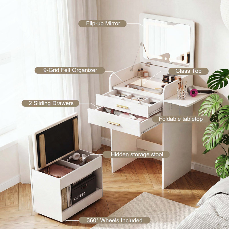 Table de coiffeuse rabattable avec miroir intégré, lumières DEL et tabouret de rangement