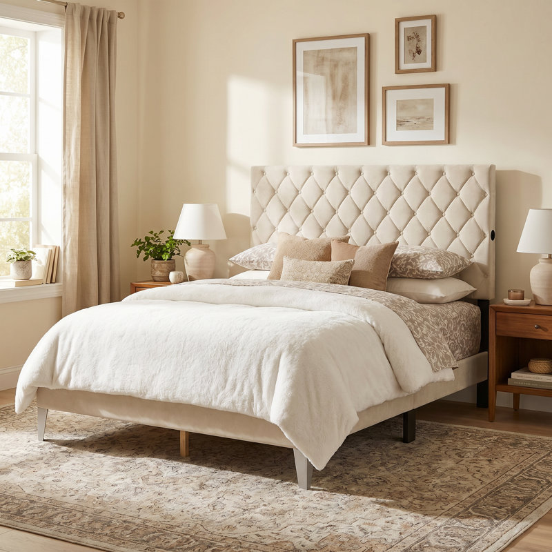 Structure de lit beige tapissier avec deux ports USB, lit plateforme avec tête de lit