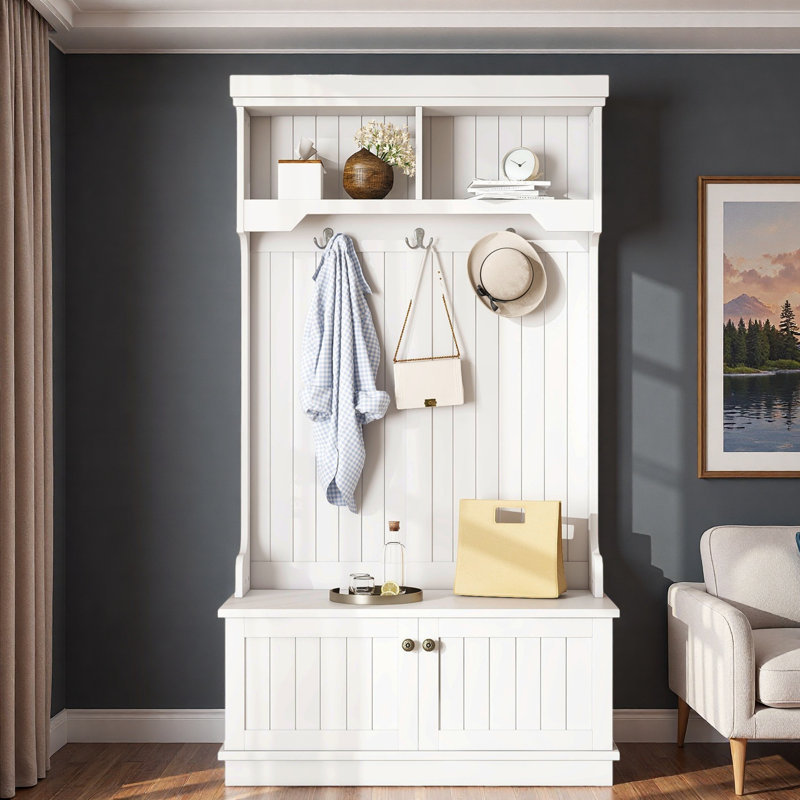Arbre d'entrée avec banc à chaussures de rangement, organisateur de vestibule 4 en 1 avec crochets à manteaux, armoire à chaussures et tablettes de présentation