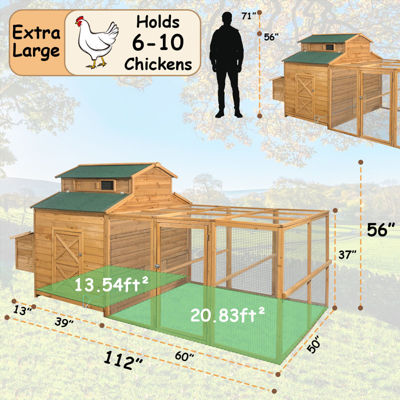 Poulailler pour 6 à 10 poulets, poulaillers extensifs de 112 po de large, avec poulailler et nichoir et enclos sécuritaire, cage à poules en bois pour lapin, animal de compagnie, canard