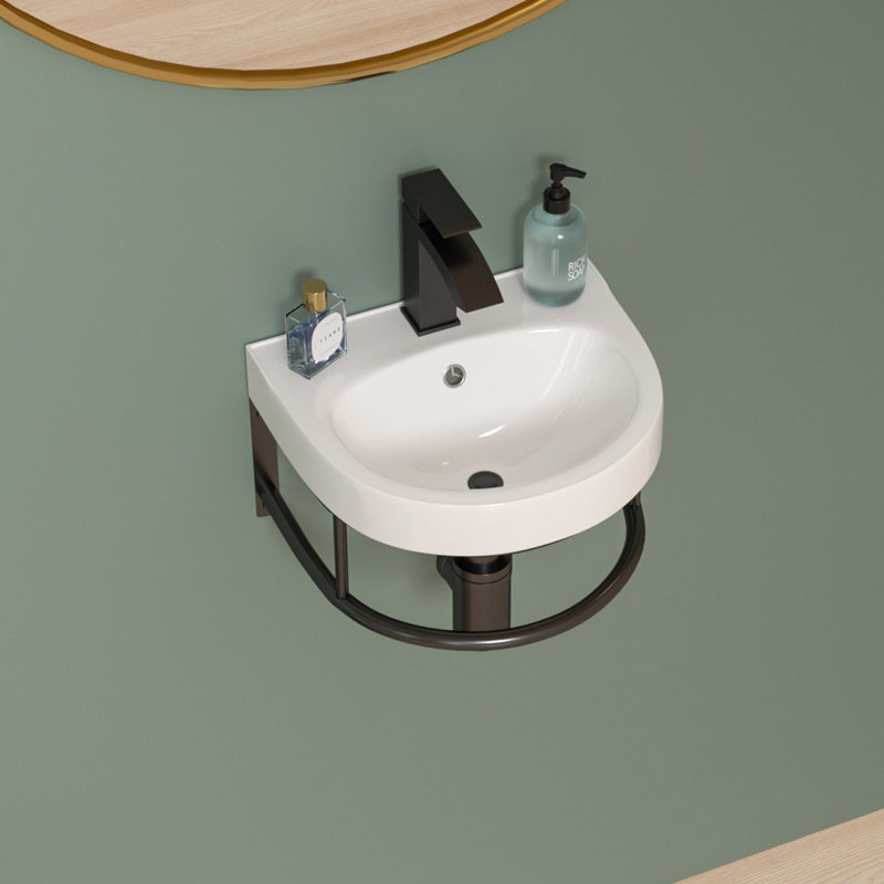 16" x 14" Wall Mounted Bathroom Sink with Towel Rack, White U Shape Wall Hung Ceramic Lavatory Sink with Overflow and Faucet