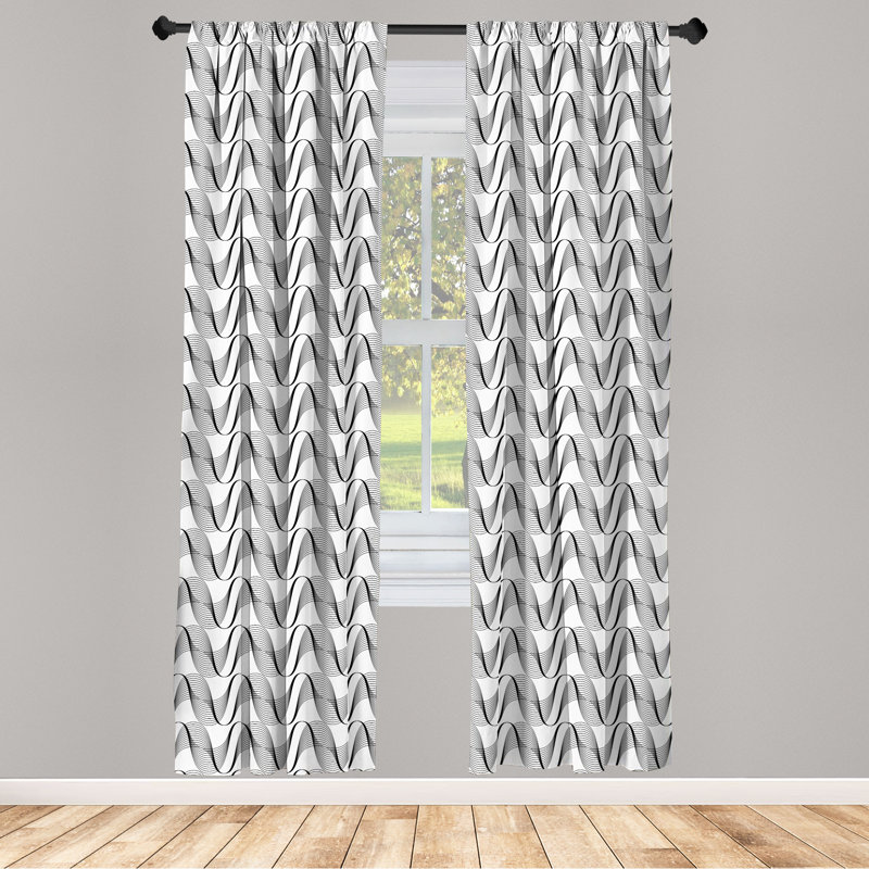 Paire de rideaux géométriques, rayures courbes ornementales, 28 po, blanc et gris anthracite, L 28 po x L 63 po