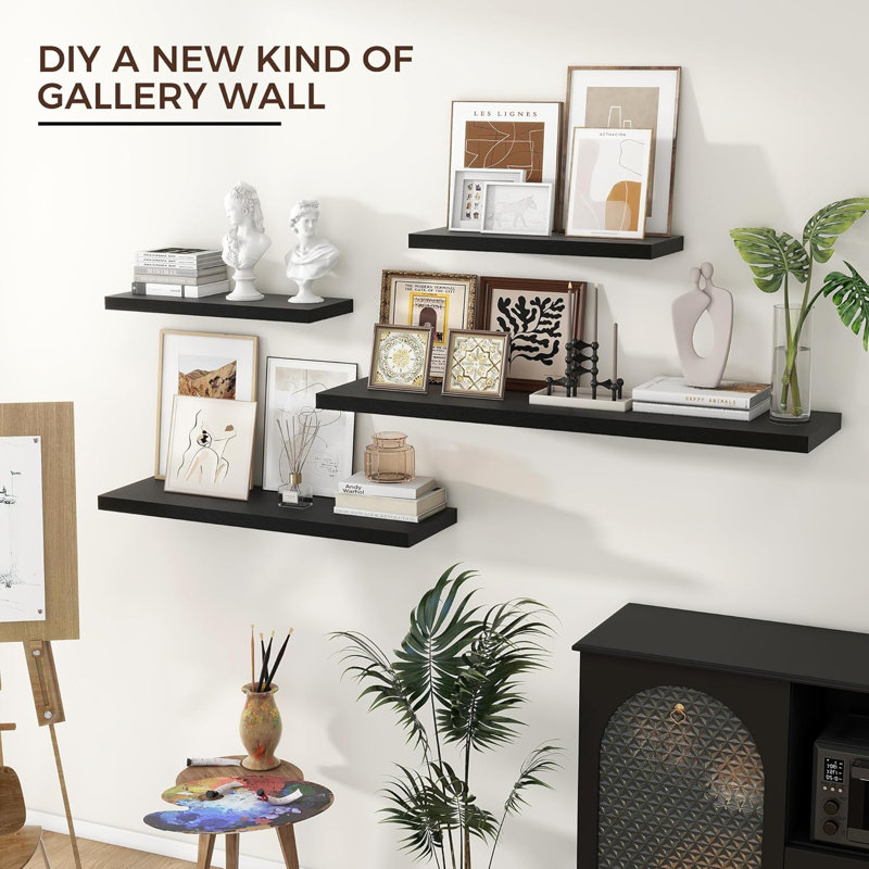 Black Wood Floating Wall Shelves with Invisible Brackets