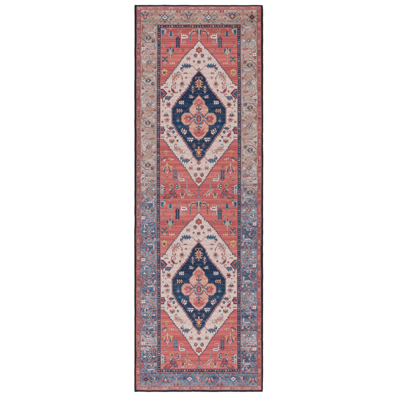 Tucson Heirloom Machine Washable Non-Slip Area Rug In Rust & Blue, Runner 76 x 183 cm