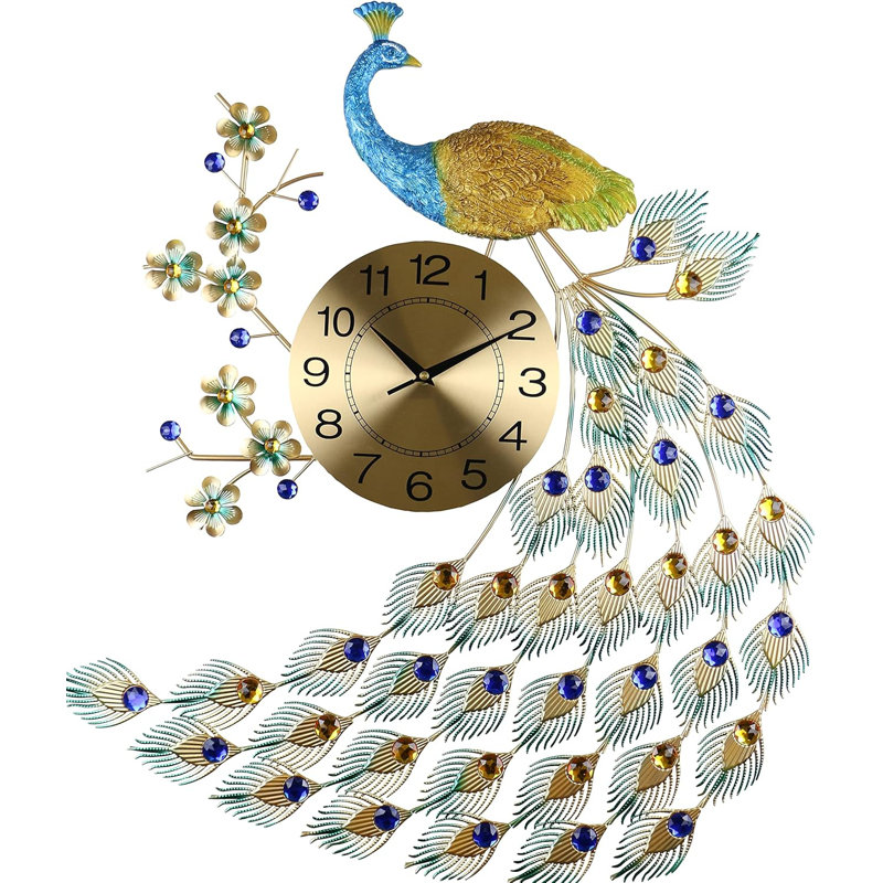 Grande horloge de paon coloré de 25 po avec de magnifiques accents de cristal - bleu