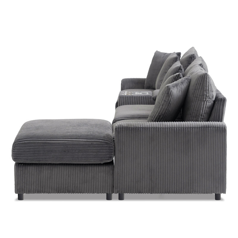 112*64'' Corduroy Sectional Sofa With Bluetooth Speakers,L-Shaped Couch With Console,Usb Charger,Cup Holders,Storage,Ottoman,Deep And Wide Seat Cloud Sofa For Living Room&Apartment,2 Colors
