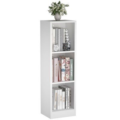 Bibliothèque autoportante blanche à 3 niveaux en métal, tablette cubique étroite avec système anti-basculement, meuble de rangement mince en acier laminé à froid pour chambre ou salon.