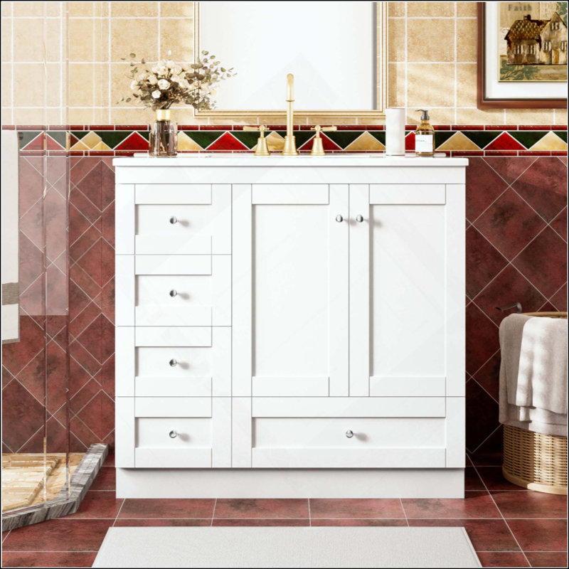 Meuble-lavabo autoportant de style Shaker avec lavabo en céramique, 4 tiroirs à fermeture en douceur et 2 portes à fermeture en douceur (robinet non inclus)