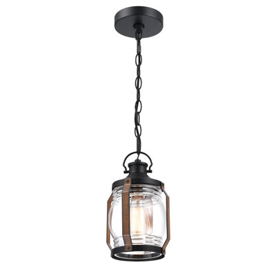 Suspension de lanternes extérieures de 11 po à une lumière, noir mat avec accents de bois de grange et abat-jour en verre transparent