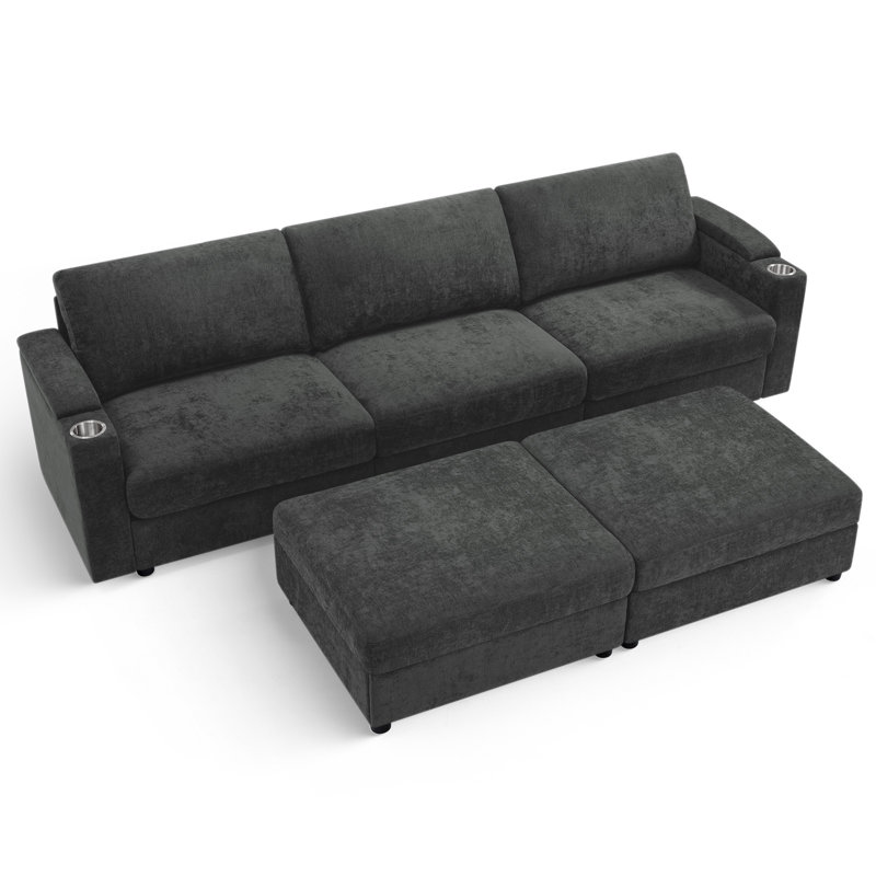 Canapé en U 108 po avec 2 repose-pieds, canapé modulaire convertible 5 places avec accoudoirs de rangement et porte-gobelets, canapé en chenille confortable avec sièges profonds pour le salon