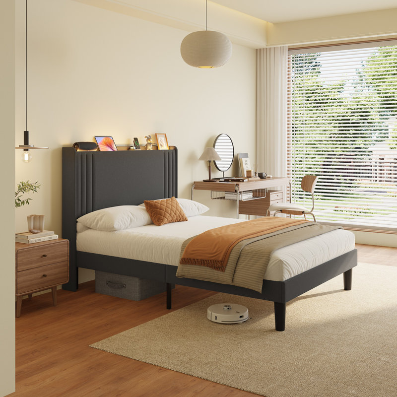 LED Platform Bed with Wing-Back Headboard: Adjustable Light Strip, Built-in Charging & Storage Feature, Full, Dark Gray