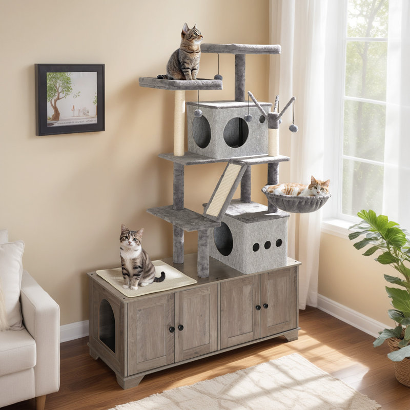 45.3"L x 68.9"H Cat Tree with Double Litter Box Enclosure