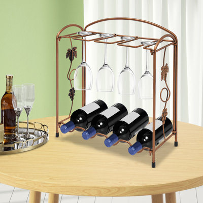 Support à vin sur pied à 2 niveaux pour 4 bouteilles et 8 verres à pied
