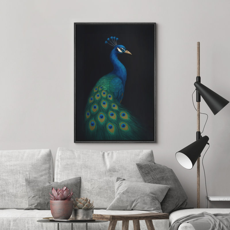Portrait de paon vibrant sur fond noir - reproduction d'art, art mural sur toile encadré pour le salon ou le bureau, décor naturel élégant dans un style réaliste