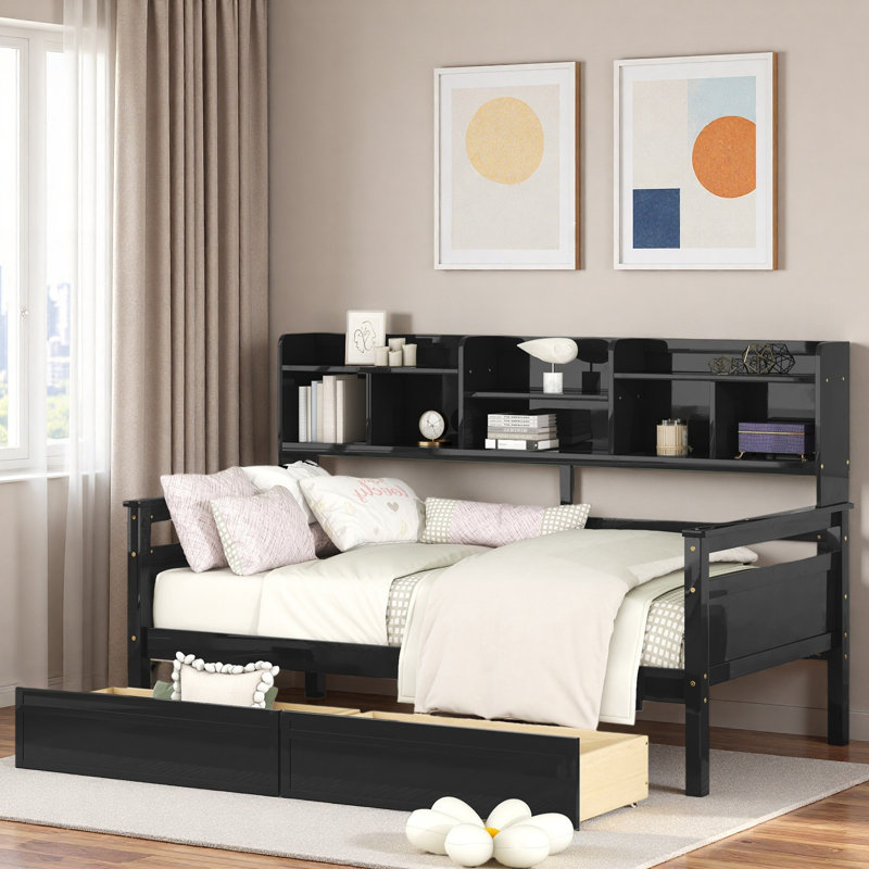 Modern Daybed With Storage Shelves And 2 Drawers, Espresso