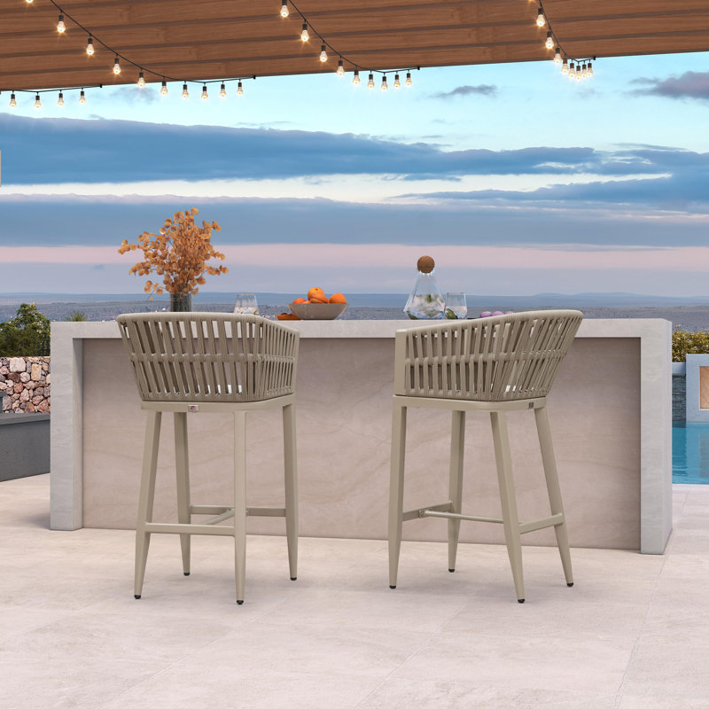 PURPLE LEAF Outdoor Wicker Rattan Bar Stools with Backrest and Cushions for Overweight, Champagne