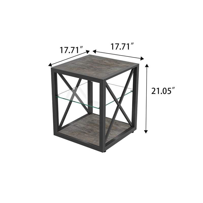 Mid-century modern three-tier storage side table set of 2 with tempered glass middle shelf and wood-grain side shelves, black metal frame